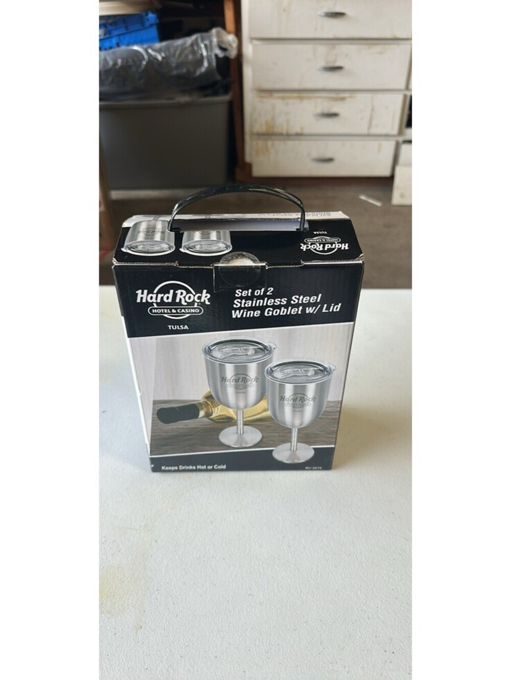 Hard Rock Tulsa Set of 2 Stainless Steel 12 oz Wine Goblets with Lids New